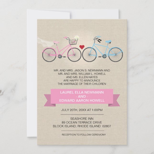 Linen Style Pink Bicycle Wedding Invitation (Front)