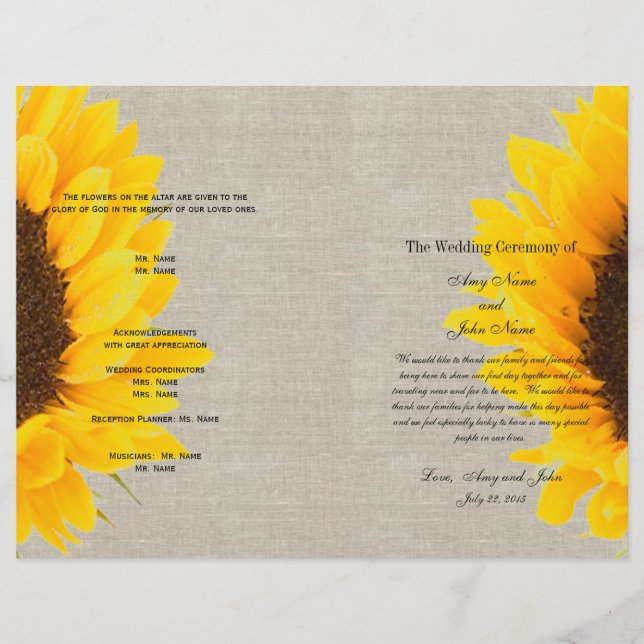 Linen Sunflower Rustic | Wedding Program (Front)