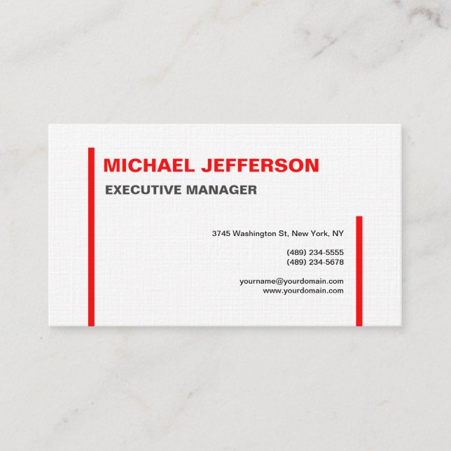 Linen Trendy Modern Elegant Simple Red White Business Card (Front)