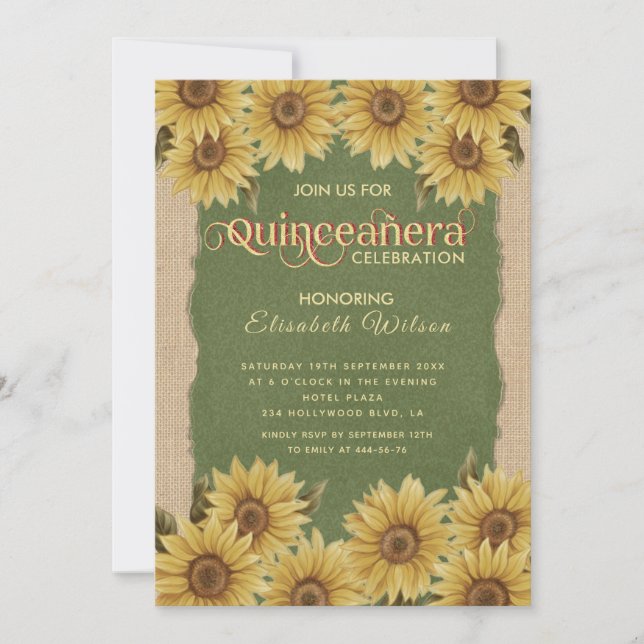 Linen vintage sunflower green Quinceañera Invitati Invitation (Front)