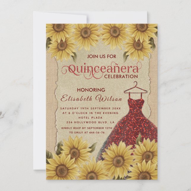 Linen vintage  sunflower red dress Quinceañera  Invitation (Front)
