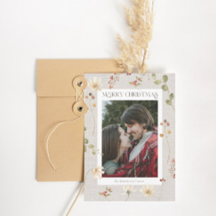 Linen Watercolor Floral Merry Christmas Holiday Card