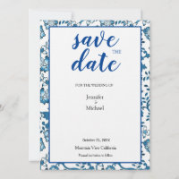Linen Wedding Floral Blue White Save Date