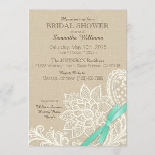 Linen White Lace Aqua Ribbon Bridal Shower Invitation