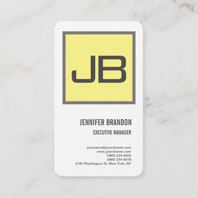 Linen Yellow Grey Monogram Minimalist Modern Plain Business Card (Front)