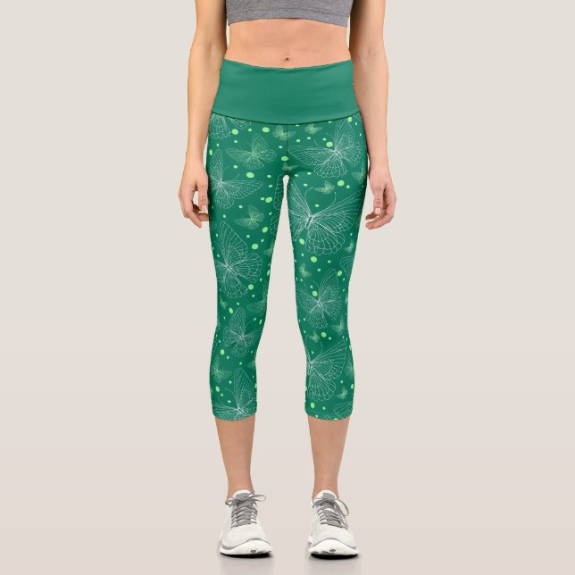 Lines Butterflies With Green Background Pattern Capri Leggings (Front)