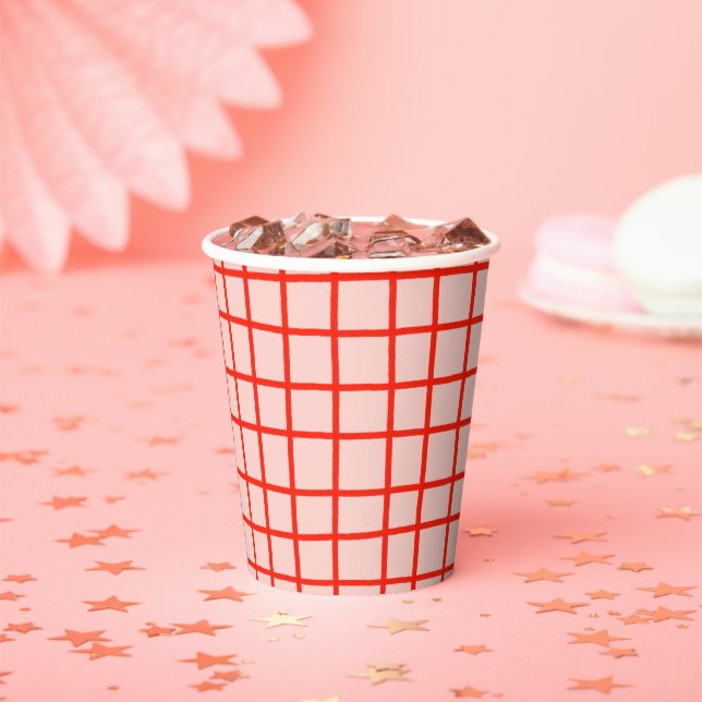 Lines Grid Hand-Drawn Rustic Whimsical Pink Red Paper Cups (Insitu)