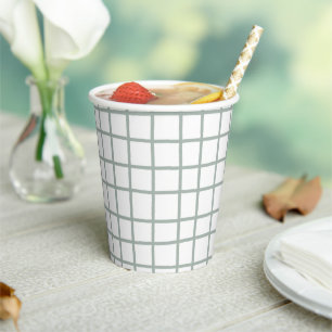 Lines Grid Hand-Drawn Rustic Whimsical Sage White Paper Cups