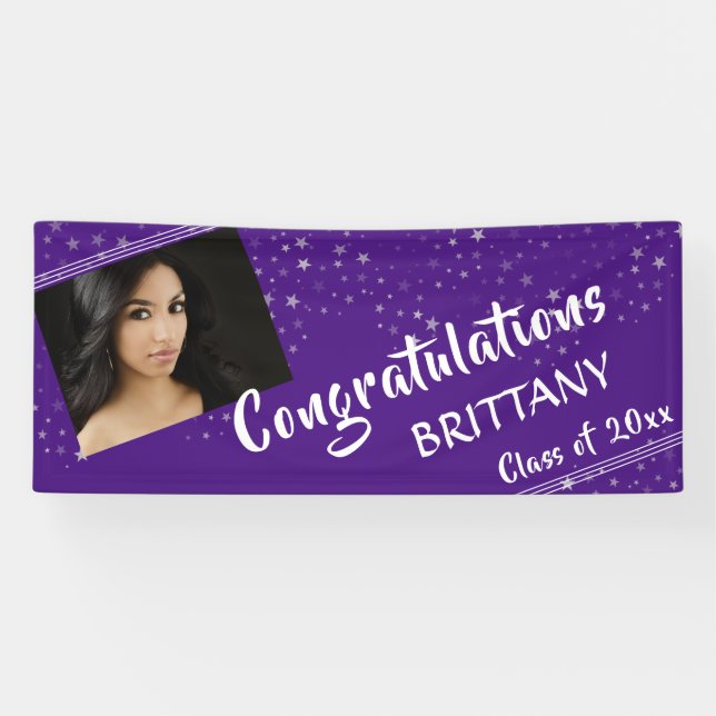 Lines & Stars | Editable Purple | Photo Graduation Banner (Horizontal)