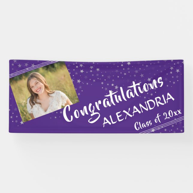 Lines & Stars | Editable Purple | Photo Graduation Banner (Horizontal)