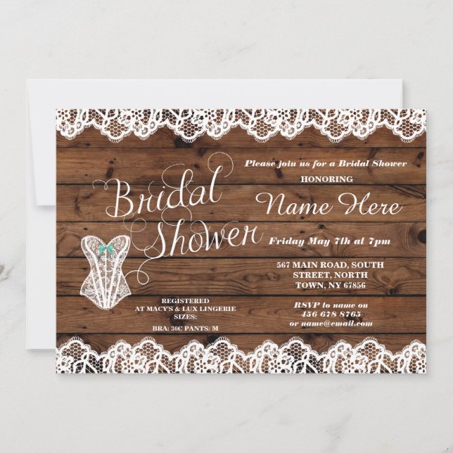 Lingerie Bridal Shower Lace Corset wood Invitation (Front)