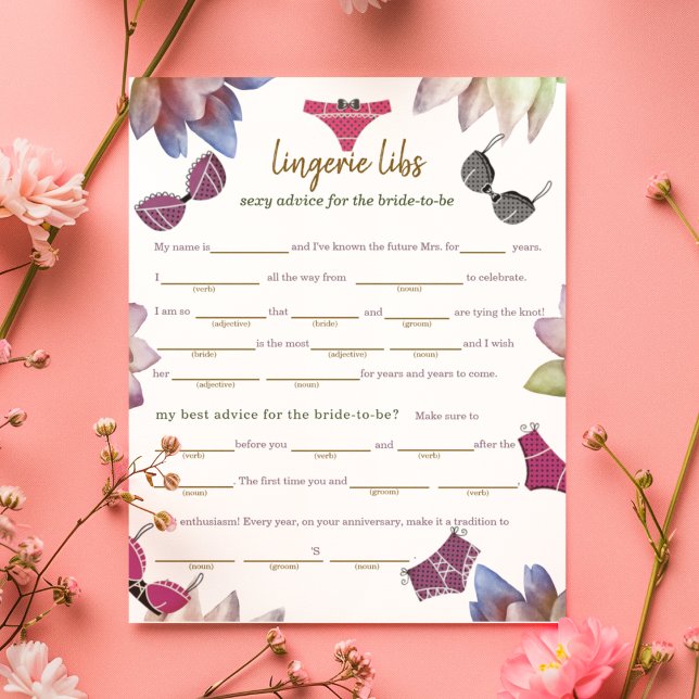 Lingerie Libs (advice to bride) Game Paper Sheet (Entertain guests with this hilarious Lingerie Libs game — perfect for a lingerie or bridal shower.)
