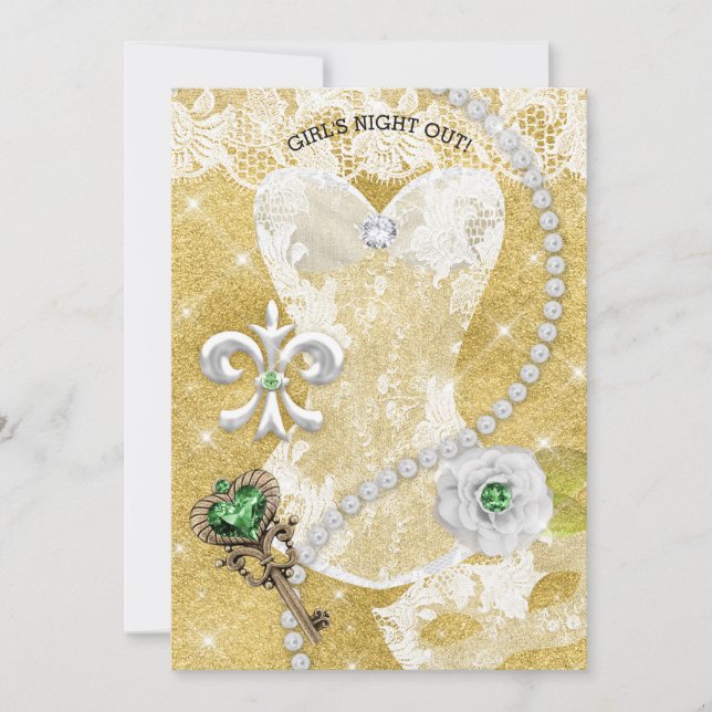 Lingerie Party Bridal Shower Mask Green White Gold Invitation (Front)