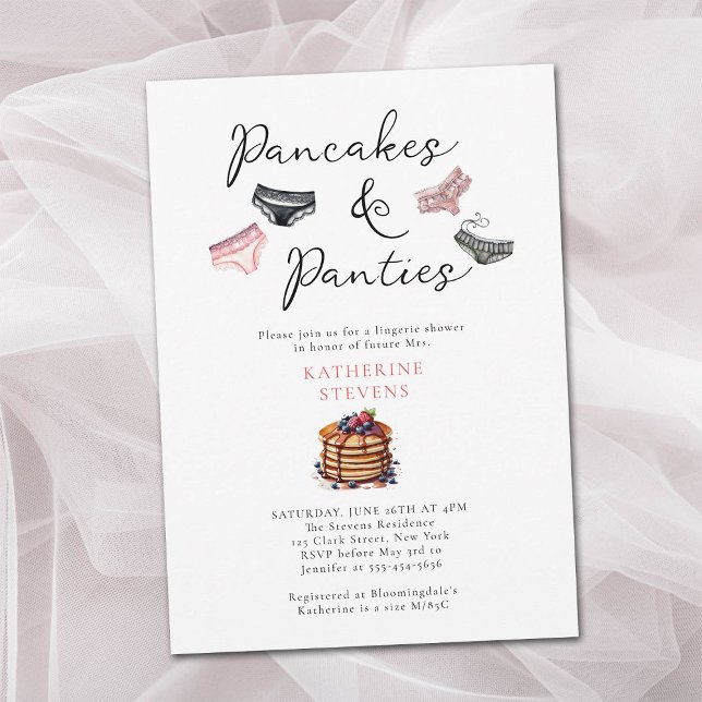 Lingerie Party Pancakes Panties Chic Bridal Shower Invitation (pancakes panties lingerie shower invitation bridal chic watercolor pink black sweet sexy elegant )