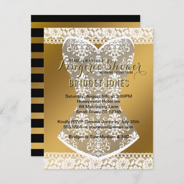 Lingerie Shower Bridal Bachelorette Party Gold Invitation (Front/Back)