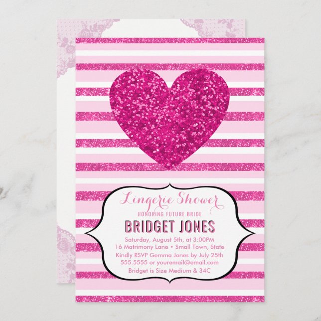 Lingerie Shower Bridal Party Pink Glitter Heart Invitation (Front/Back)
