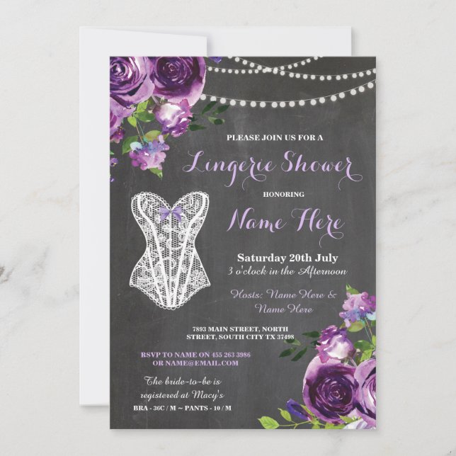 Lingerie Shower Bridal Purple Chalk Floral Invite (Front)