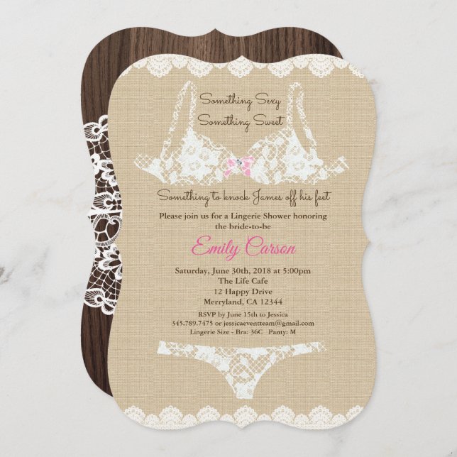 Lingerie shower burlap lace invitation rustic wood (Front/Back)