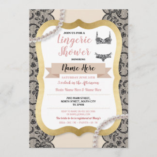 Lingerie Shower Gold Cream Lace Bra Pearl Invitation