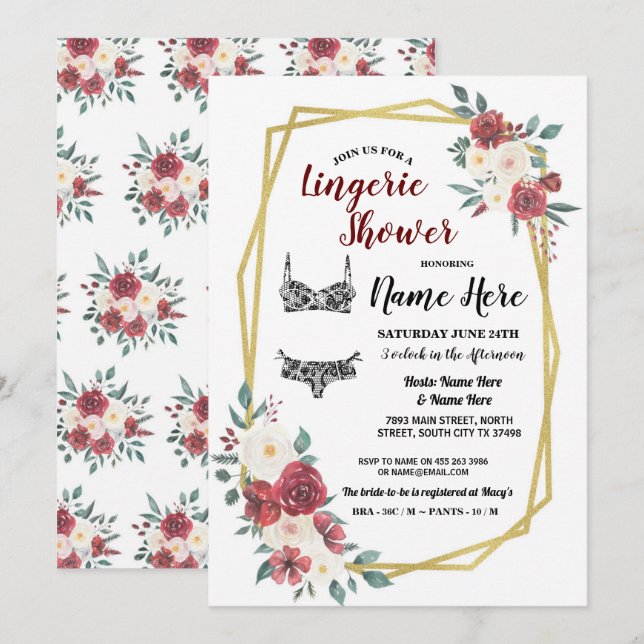 Lingerie Shower Gold Watercolor Red Cream Floral Invitation (Front/Back)