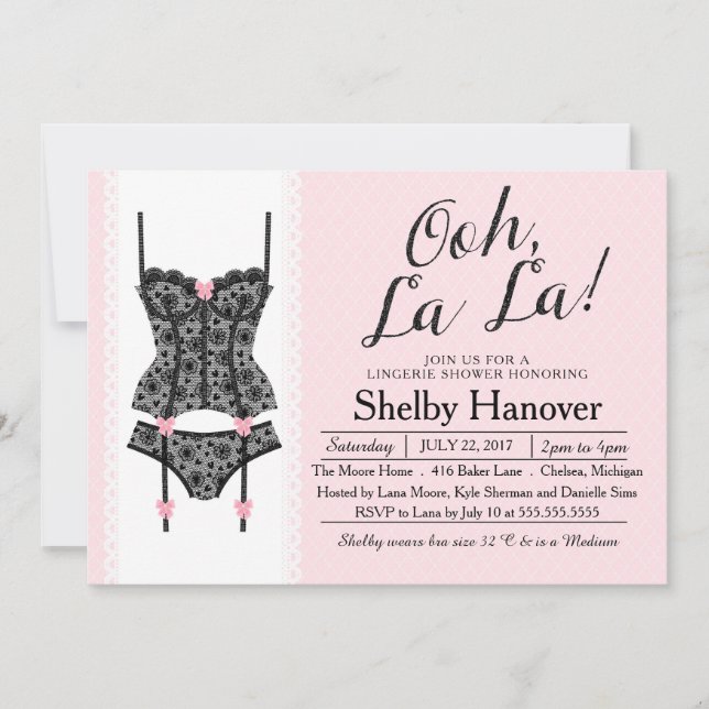 Lingerie Shower Invite, Ooh La Black & Pink Lace Invitation (Front)
