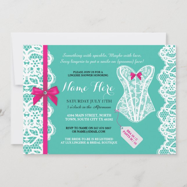 Lingerie Shower Invite Teal Pink Bridal Party Lace (Front)