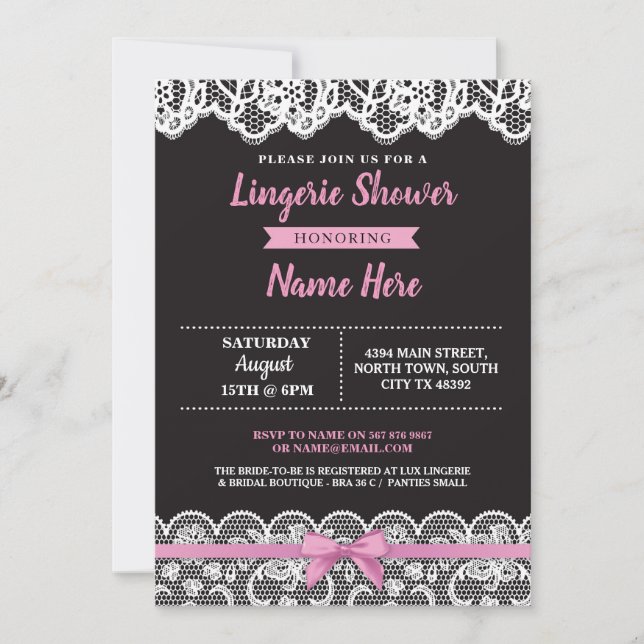Lingerie Shower Pink Black Lace Bow Invitation (Front)