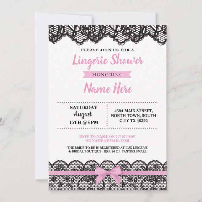 Lingerie Shower Pink Bow Invitation Black Lace (Front)