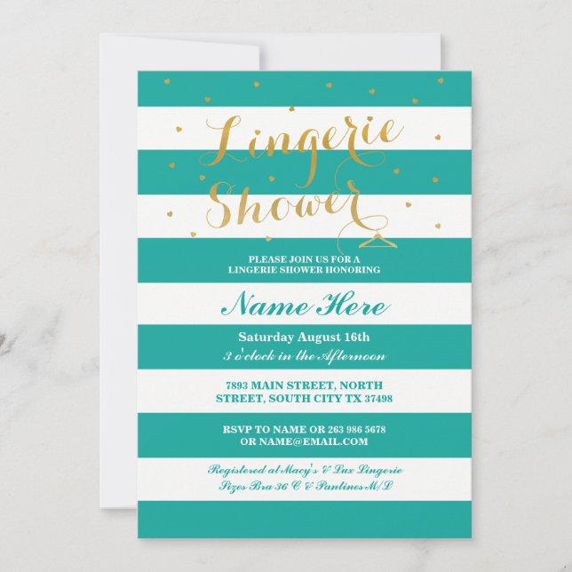 Lingerie Shower Stripe Teal Gold Party Invite (Front)