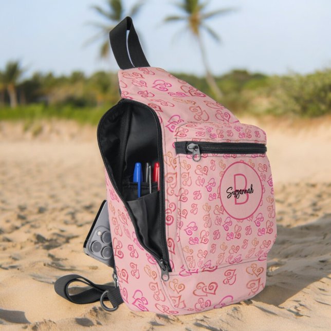 Linked Heart Pattern Peach Background & Monogram Sling Bag (Side view sling bag )