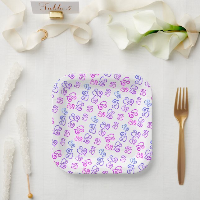 Linked Pink Purple Blue Heart Pattern Over White N Paper Plate (Wedding)