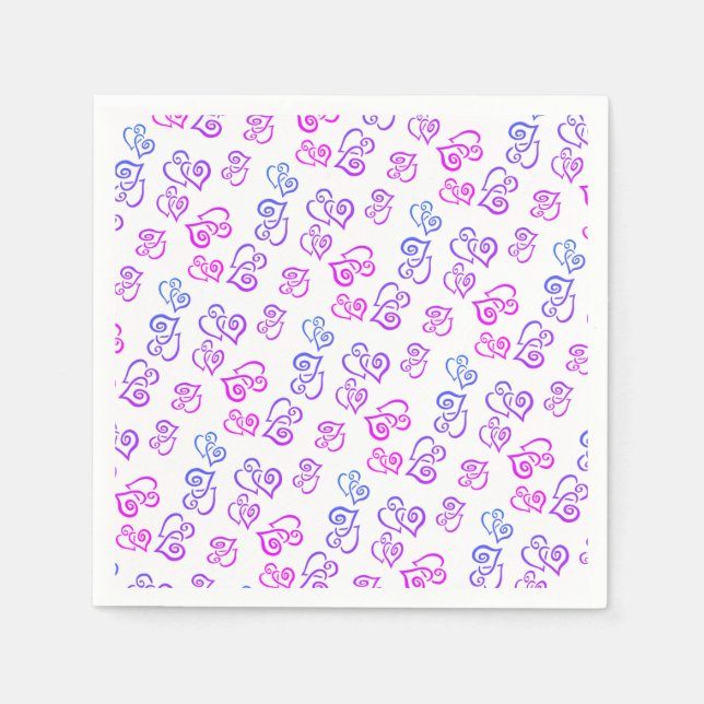 Linked Pink Purple Blue Heart Pattern Over White Napkin (Front)