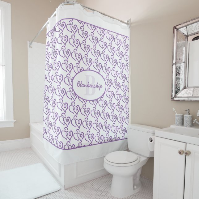 Linked Purple Hearts Pattern Over White Shower Curtain (In Situ)