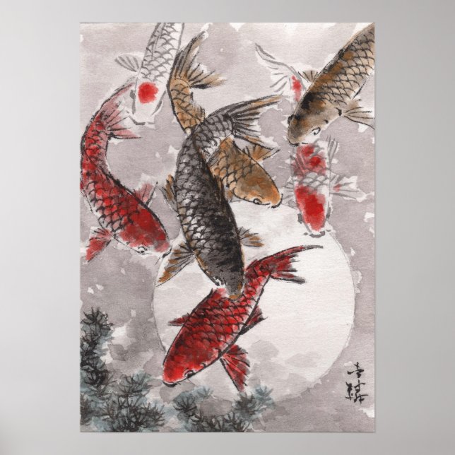 LinLi Chinese Watercolor Art Print - KOI Fish #5 (Front)