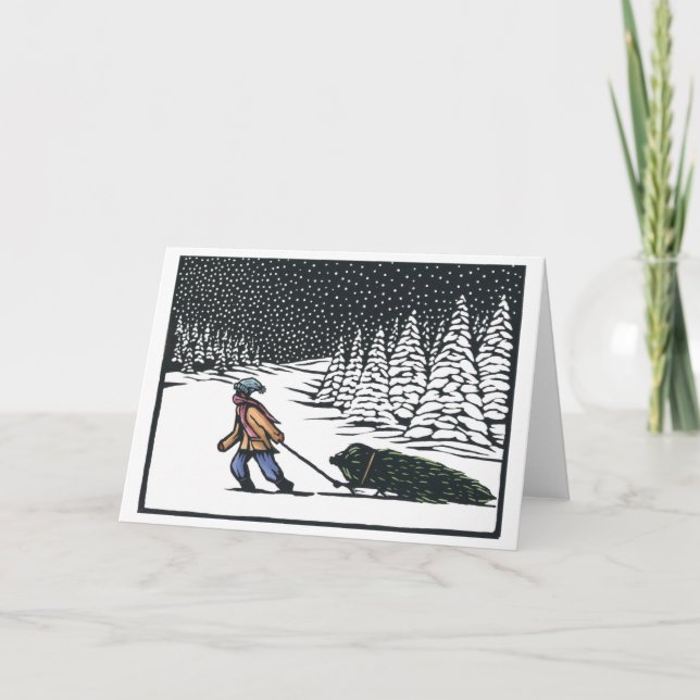 Linocut:  Boy Pulling Christmas Tree from Forest b Holiday Card (Front)