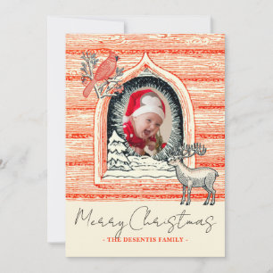 Linocut Country Log Cabin Christmas Photo Holiday Card