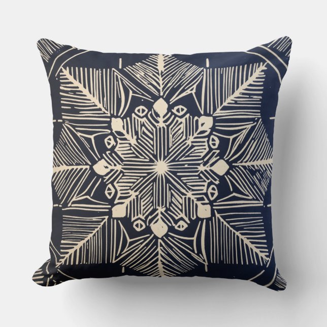linocut design of a snowflake, simple, clean lines cushion (Front)