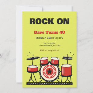 Linocut Drum Kit Rock 40th Birthday Invitation