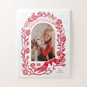 Linocut lovebirds and roses arched photo design jigsaw puzzle