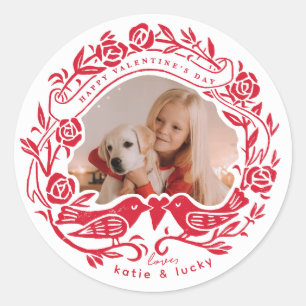 Linocut lovebirds and roses Valentine's Day photo Classic Round Sticker