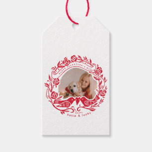 Linocut lovebirds and roses Valentine's Day photo Gift Tags