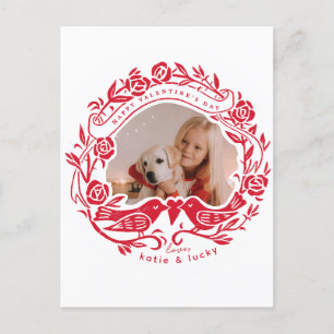 Linocut lovebirds and roses Valentine's Day photo Postcard