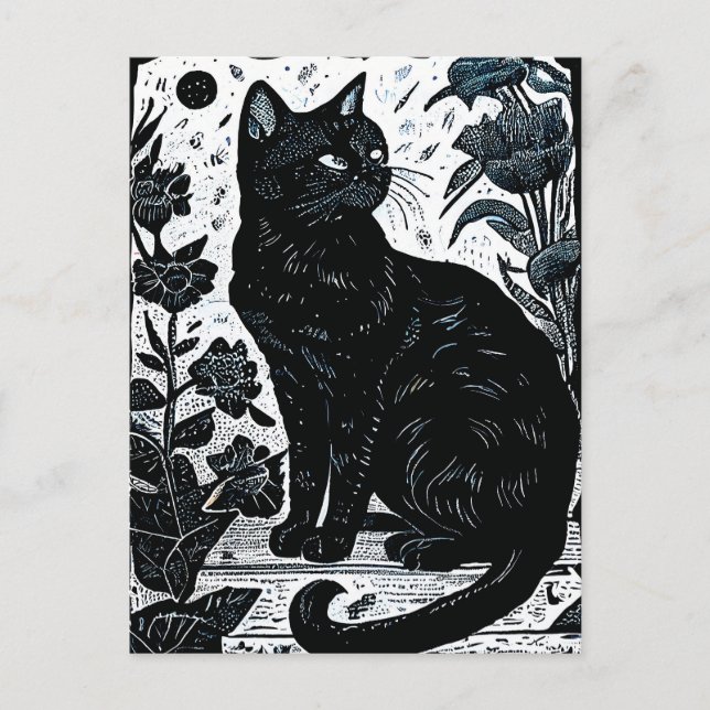 Linocut of a Black Cat Among Flowers Postcard (Front)