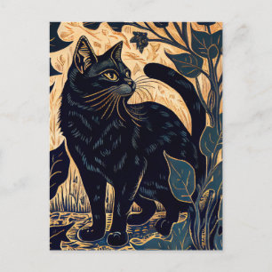 Linocut of a Black Cat Among Plants with Yellow Ba Postcard