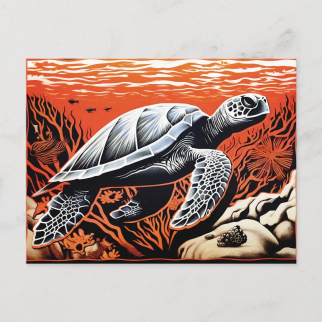 Linocut of a Turtle Swimming Through a Coral Reef Postcard (Front)