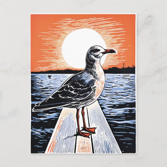 Linocut of Seagull on Pier at Sunset Postcard (Front)