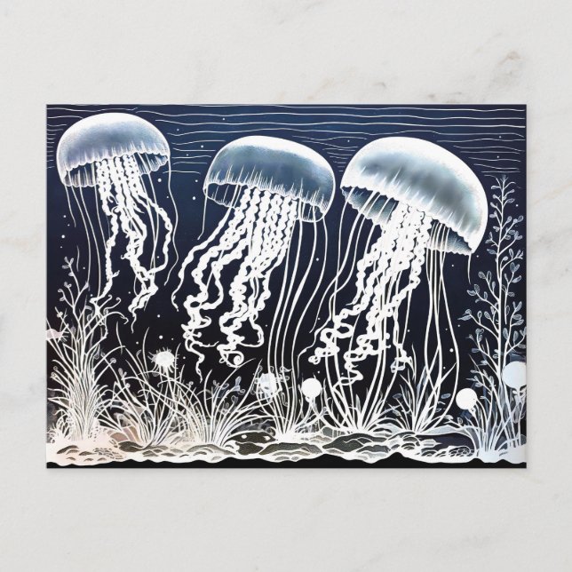 Linocut of White Jellyfish Swimming at Coral riff Postcard (Front)