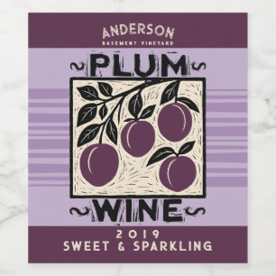 Linocut plum homemade wine shrub cordial label