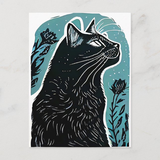 Linocut Portrait of a Cat in Profile Postcard (Front)