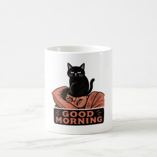 Linocut Sarcastic Black Cat Good Morning Meme Coffee Mug
